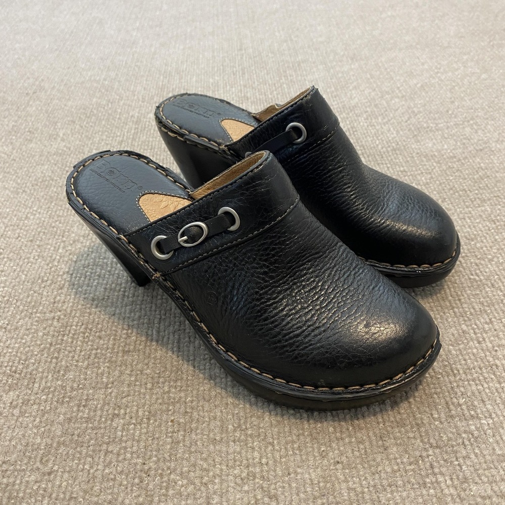 Born Clog Shoes‎ Womens Size 7 Black Leather Slip On Wedge Comfort W3162